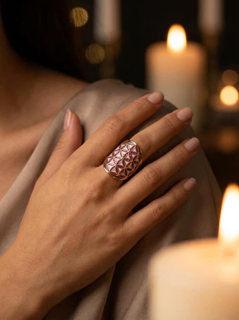 Bague Fleur de Vie Rouge Blanc en acier inoxydable doré avec fond rouge et blanc pailleté portée sur main