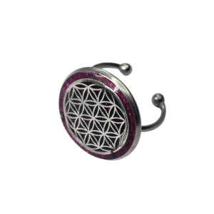 Bague Fleur de Vie fuchsia Éclat Intérieur en acier inoxydable argentée, motif rond avec résine pailletée