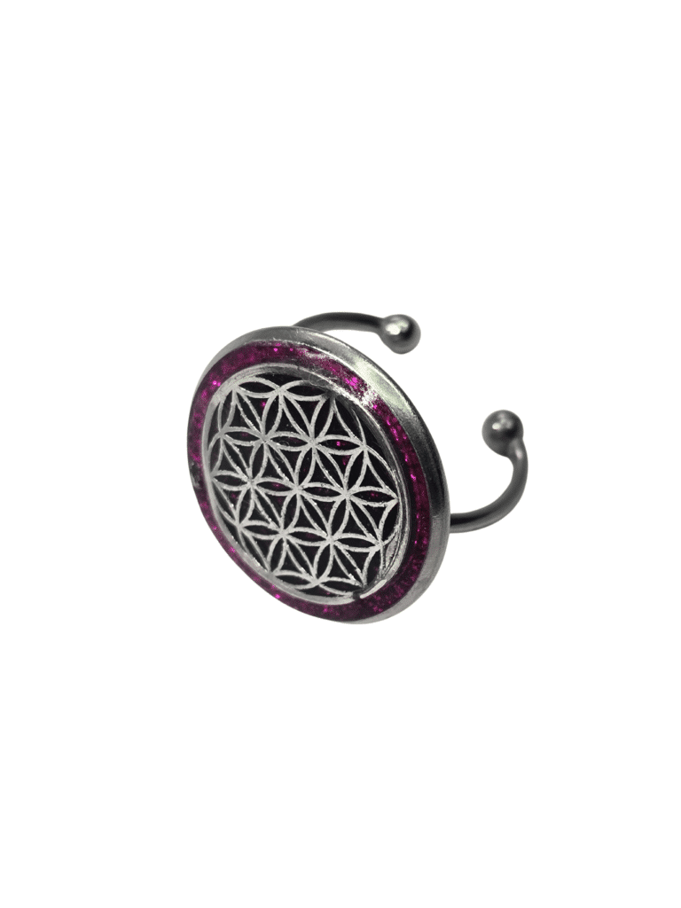 Bague Fleur de Vie fuchsia Éclat Intérieur en acier inoxydable argentée, motif rond avec résine pailletée