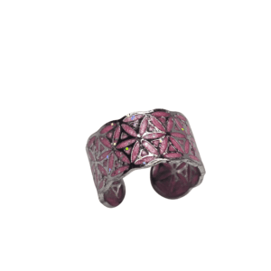 Bague Fleur de Vie Rose Rayonnement Sacré en acier inoxydable, ajustable, finition argentée, fond rose en résine pailletée