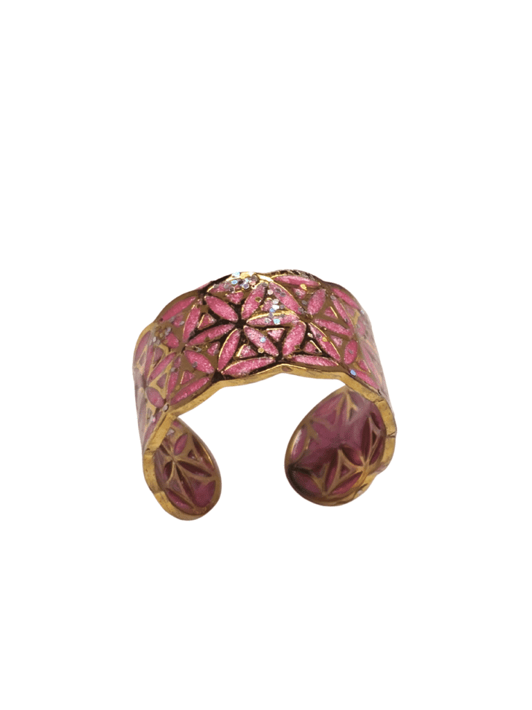 Bague Fleur de Vie Rose Rayonnement Sacré en acier inoxydable, ajustable, finition dorée, fond rose en résine pailletée