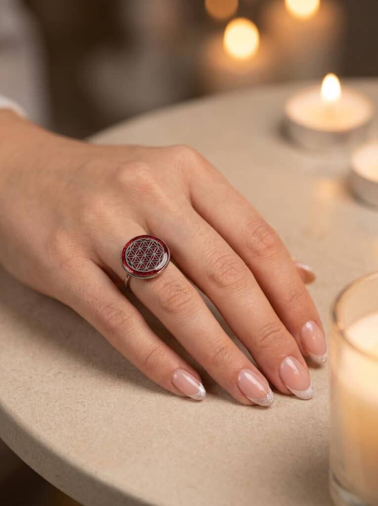 Bague Fleur de Vie Rouge Force Ancestrale en acier inoxydable argentée avec fond rouge en résine pailletée portée sur une main.