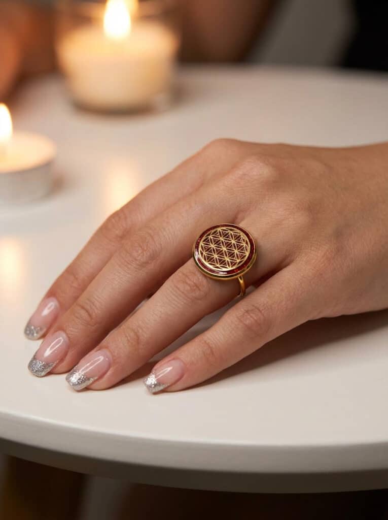 Bague Fleur de Vie Rouge Force Ancestrale en acier inoxydable dorée avec fond rouge en résine pailletée portée sur une main.