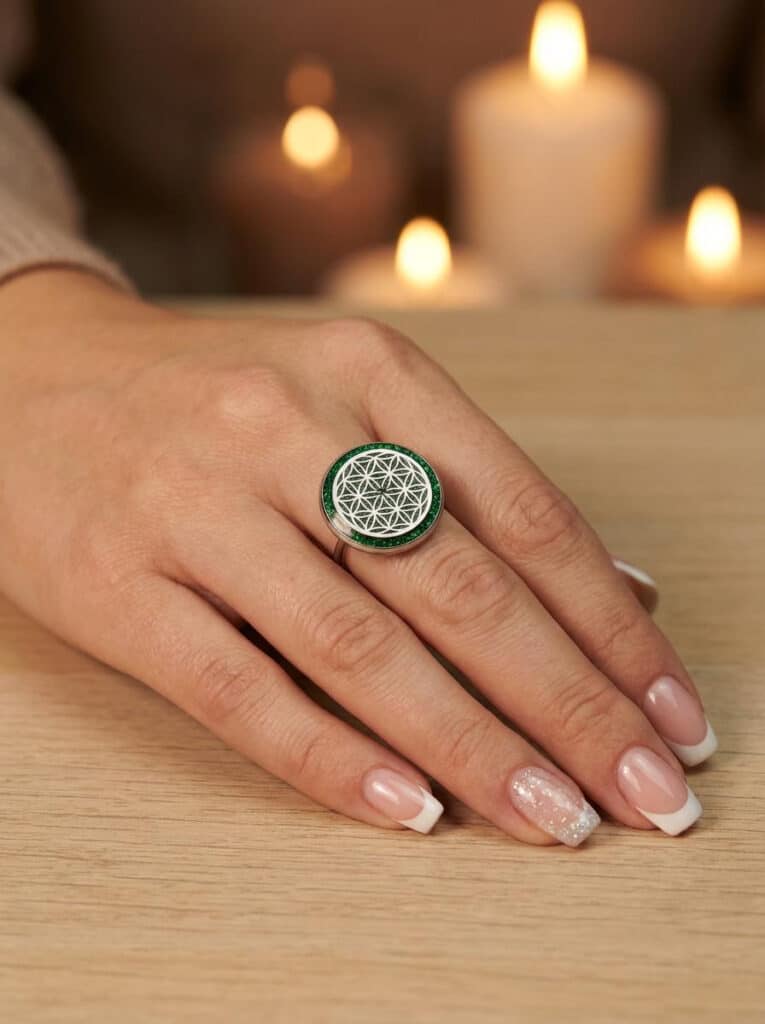 Bague Fleur de Vie Verte Souffle Vert en acier inoxydable argentée avec fond vert en résine pailletée portée sur une main