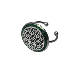 Bague Fleur de Vie Verte Souffle Vert en acier inoxydable argentée avec fond vert en résine pailletée