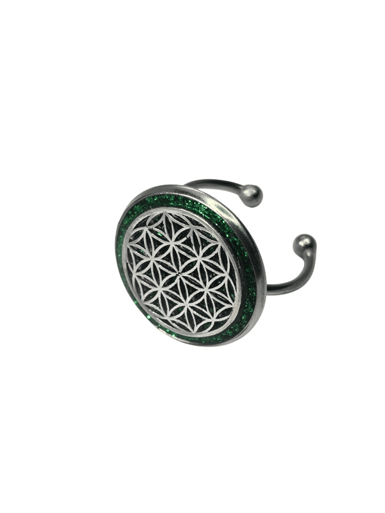 Bague Fleur de Vie Verte Souffle Vert en acier inoxydable argentée avec fond vert en résine pailletée