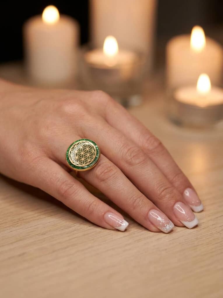 Bague Fleur de Vie Verte Souffle Vert en acier inoxydable dorée avec fond vert en résine pailletée portée sur une main