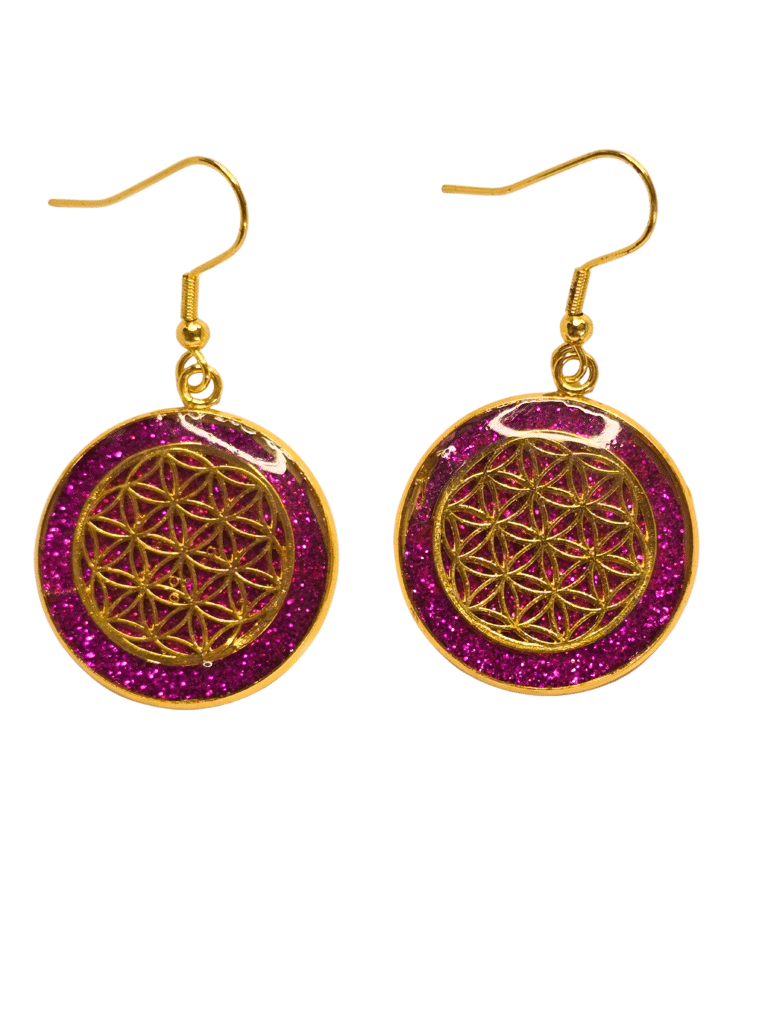 Boucles d’Oreilles Fleur de Vie Fuchsia Éclat de Lumière en acier inoxydable dorées avec fond fuchsia en résine pailletée