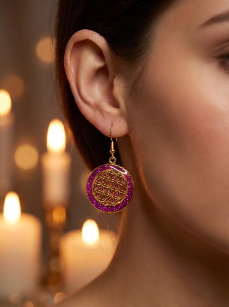 Boucles d’Oreilles Fleur de Vie Fuchsia Éclat de Lumière en acier inoxydable dorées avec fond fuchsia en résine pailletée portées