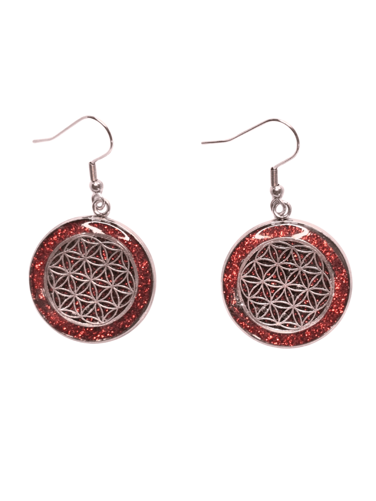 Boucles d’Oreilles Fleur de Vie Rouges Feu Intérieur en acier inoxydable argentées avec fond rouge en résine pailletée