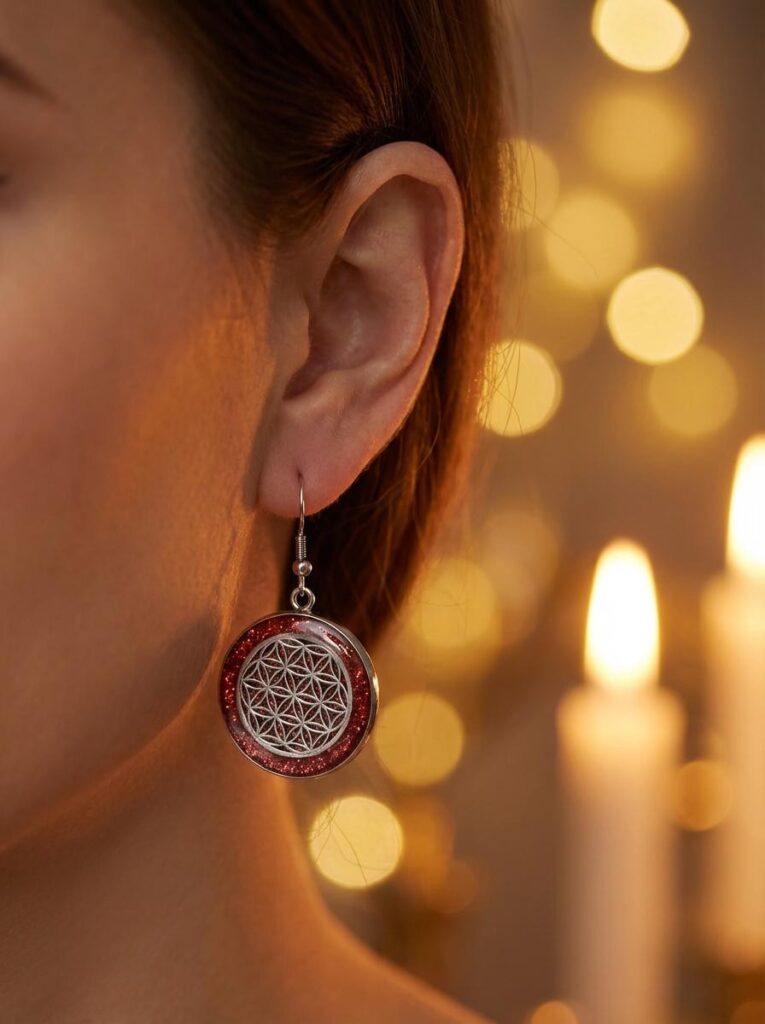 Boucles d’Oreilles Fleur de Vie Rouges Feu Intérieur en acier inoxydable argentées avec fond rouge en résine pailletée portées