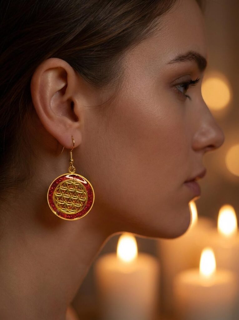 Boucles d’Oreilles Fleur de Vie Rouges Feu Intérieur en acier inoxydable dorées avec fond rouge en résine pailletée portées