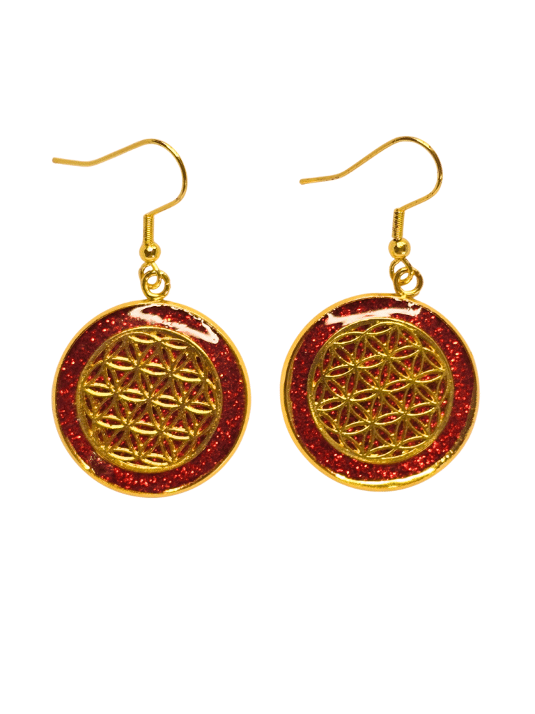 Boucles d’Oreilles Fleur de Vie Rouges Feu Intérieur en acier inoxydable dorées avec fond rouge en résine pailletée