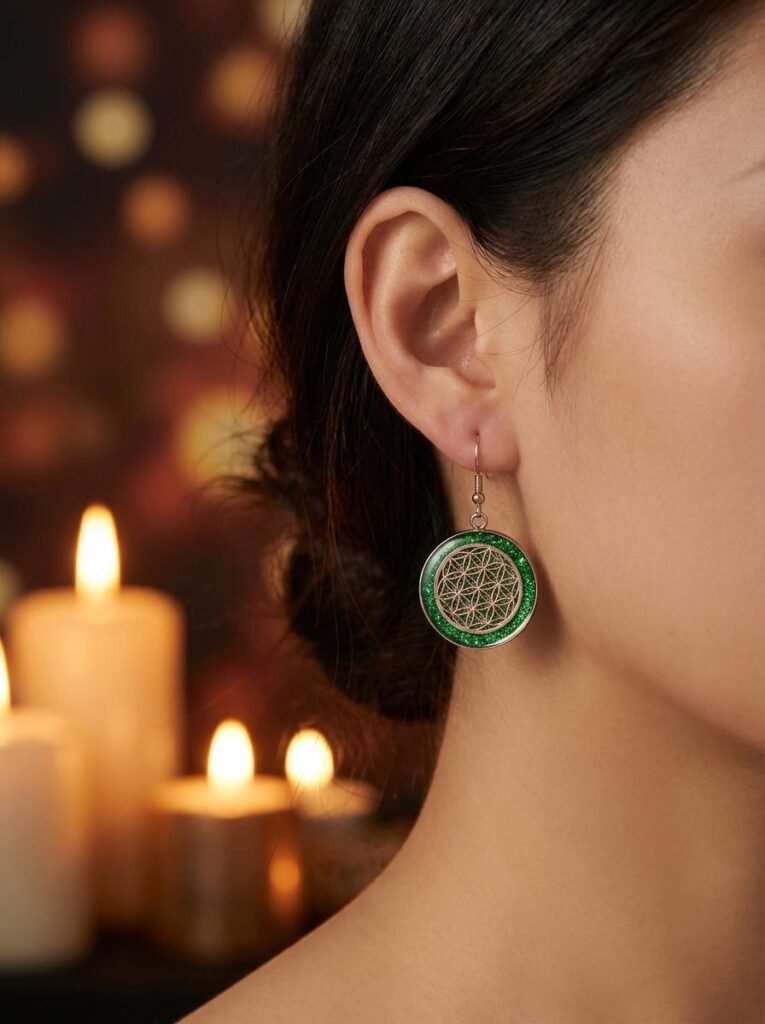 Boucles d’Oreilles Fleur de Vie Vertes Souffle d’Émeraude en acier inoxydable argentées avec fond vert en résine pailletée portées