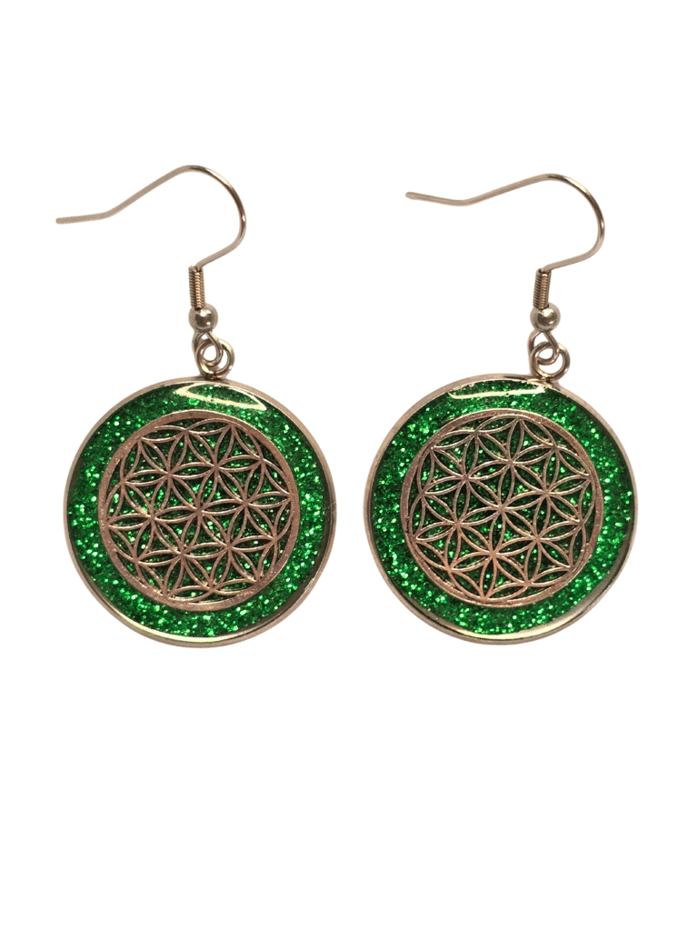 Boucles d’Oreilles Fleur de Vie Vertes Souffle d’Émeraude en acier inoxydable argentées avec fond vert en résine pailletée