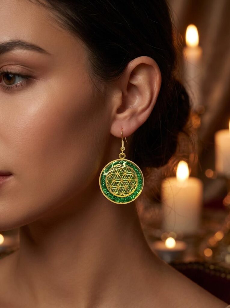 Boucles d’Oreilles Fleur de Vie Vertes Souffle d’Émeraude en acier inoxydable dorées avec fond vert en résine pailletée portées