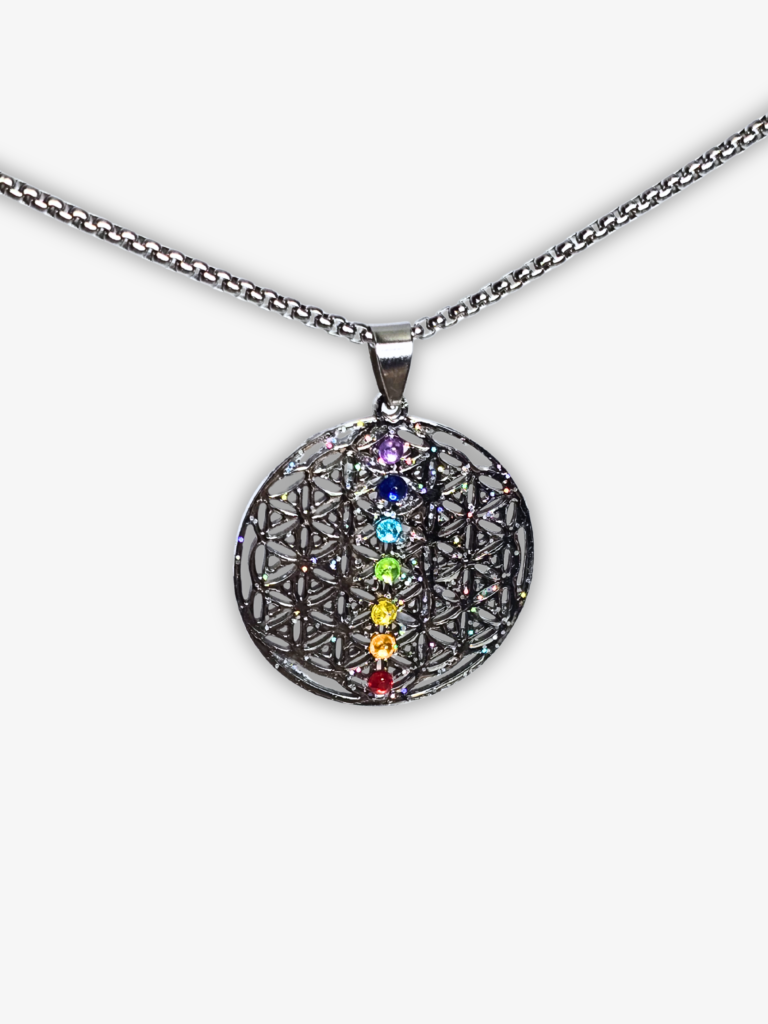 Collier Fleur de Vie 7 Chakras en acier inoxydable argenté – bijou spirituel Jewels Spirit