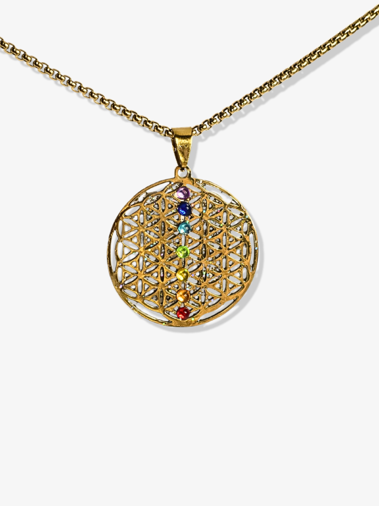 Collier Fleur de Vie 7 Chakras en acier inoxydable doré – bijou spirituel Jewels Spirit