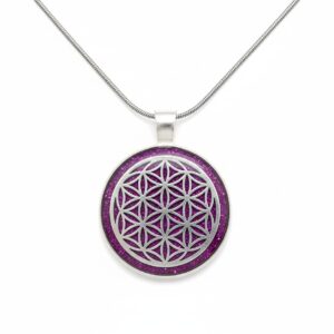 Collier Fleur de Vie fuchsia argenté en acier inoxydable, pendentif rond 2,5 cm avec symbole Fleur de Vie et fond vert pailleté, chaîne 45 cm, Jewels Spirit