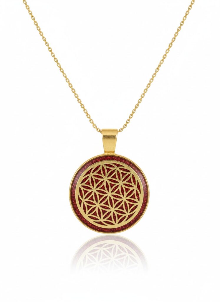Collier Fleur de Vie rouge doré en acier inoxydable, pendentif rond 2,5 cm avec symbole Fleur de Vie et fond vert pailleté, chaîne 45 cm, Jewels Spirit