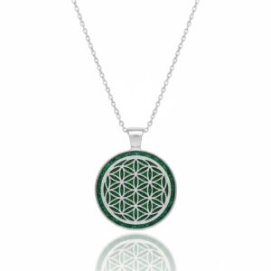 Collier Fleur de Vie vert argenté en acier inoxydable, pendentif rond 2,5 cm avec symbole Fleur de Vie et fond vert pailleté, chaîne 45 cm, Jewels Spirit