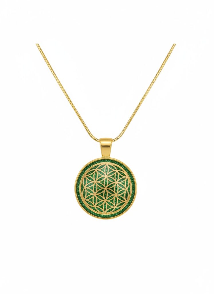 Collier Fleur de Vie vert doré en acier inoxydable, pendentif rond 2,5 cm avec symbole Fleur de Vie et fond vert pailleté, chaîne 45 cm, Jewels Spirit