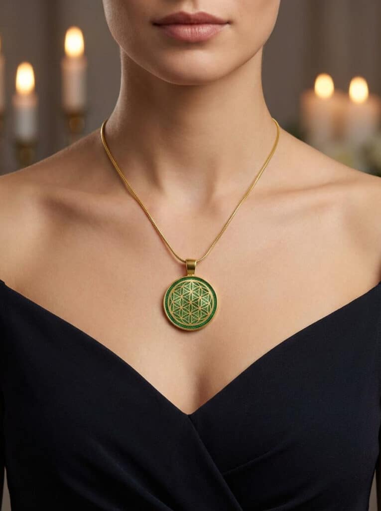 Collier Fleur de Vie vert doré porté sur femme en tenue élégante, pendentif rond 2,5 cm fond vert pailleté, chaîne 45 cm, Jewels Spirit