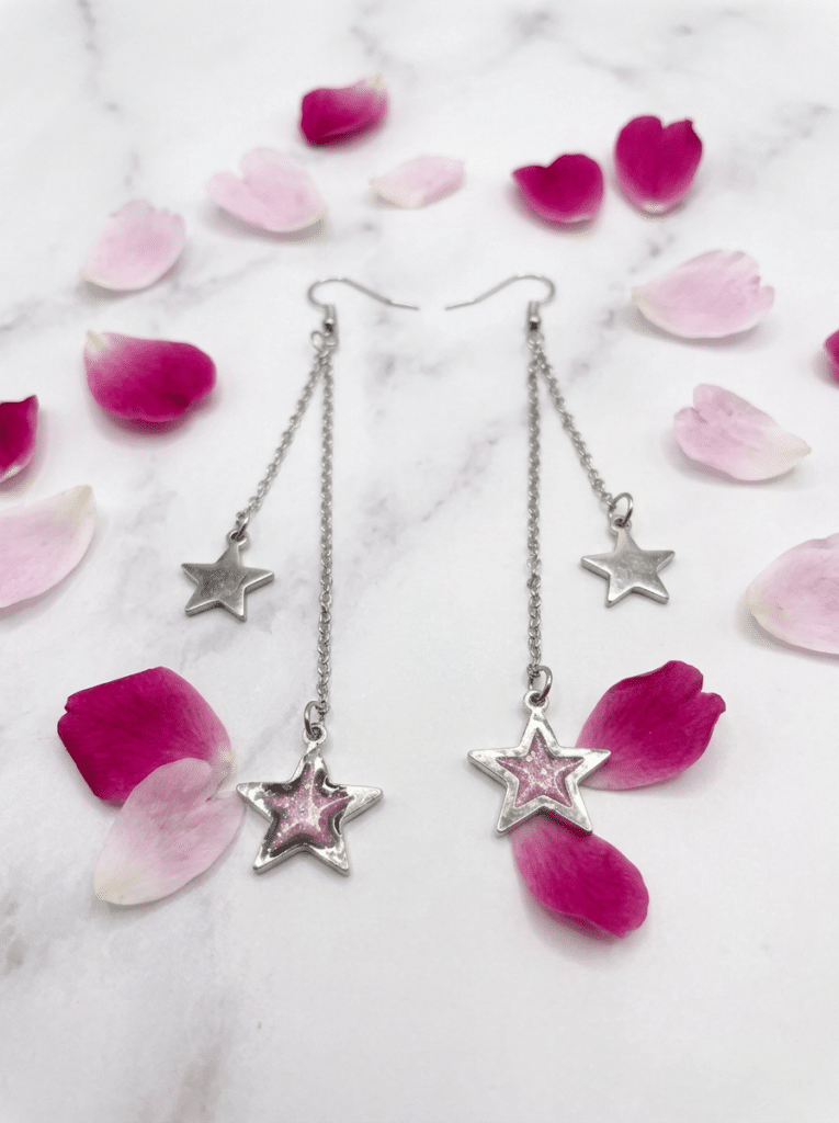 Boucles d'oreilles univers étoilé rose pailleté "Lueur d'étoiles" argenté Jewels Spirit