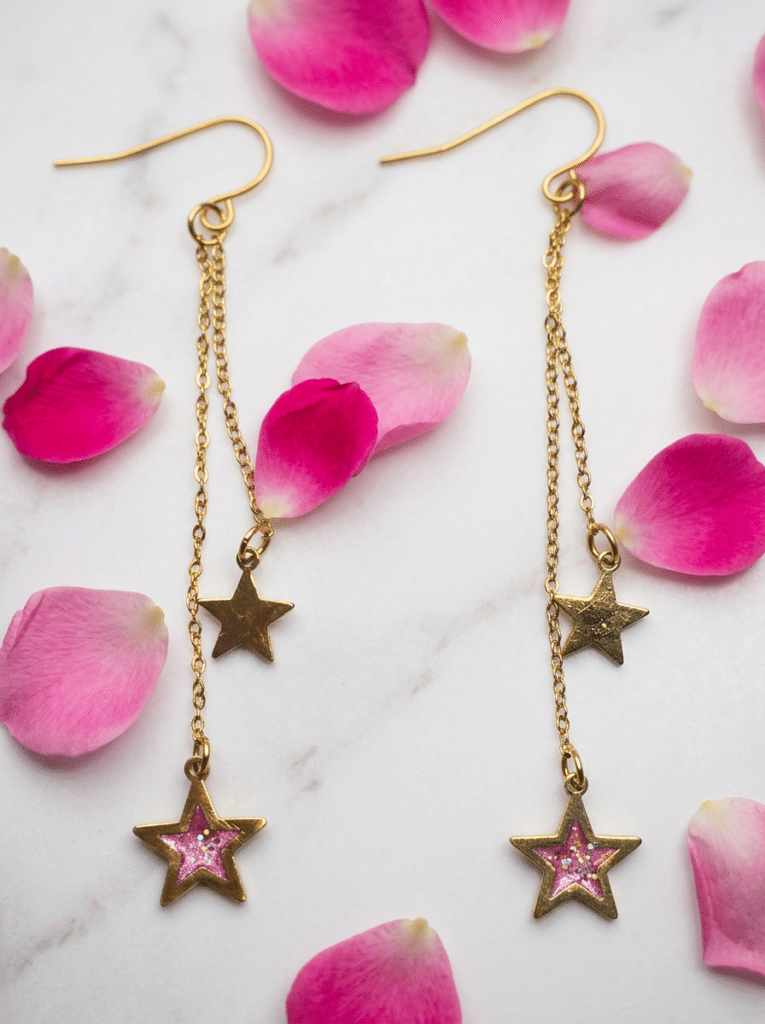 Boucles d'oreilles univers étoilé rose pailleté "Lueur d'étoiles" doré Jewels Spirit