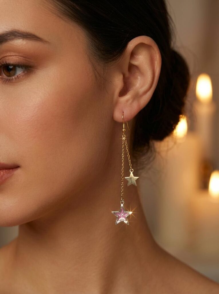 Boucles d'oreilles univers étoilé rose pailleté "Lueur d'étoiles" doré portées Jewels Spirit