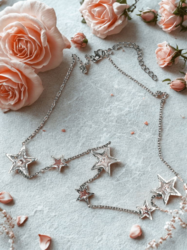 Collier étoile rose pailleté argenté Aura Céleste en acier inoxydable avec étoiles scintillantes