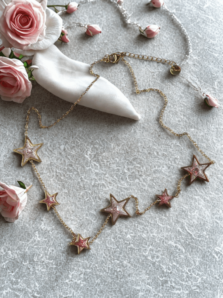 Collier étoile rose pailleté doré Aura Céleste en acier inoxydable avec étoiles scintillantes