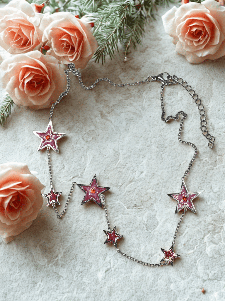 Collier étoile rouge pailleté argenté Flamme Céleste en acier inoxydable avec étoiles scintillantes