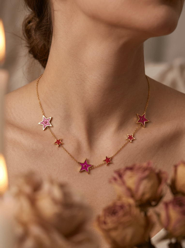 Collier étoile rouge pailleté doré Flamme Céleste porté sur un cou féminin avec chaîne fine