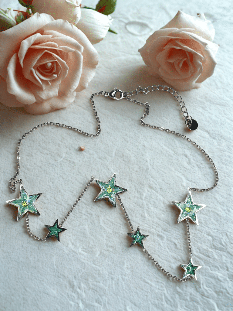 Collier étoile vert pailleté argenté Souffle Astral en acier inoxydable avec étoiles scintillantes