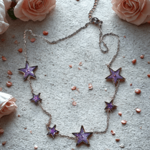 Collier étoile violet pailleté argenté Nuit Cosmique en acier inoxydable avec étoiles scintillantes