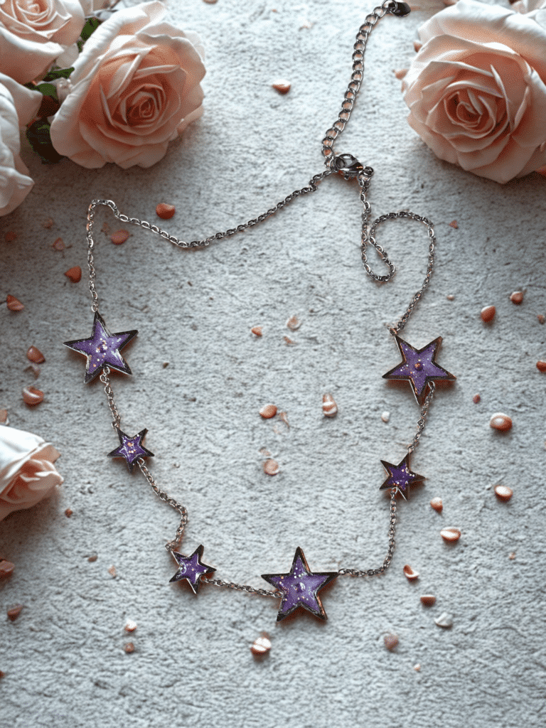 Collier étoile violet pailleté argenté Nuit Cosmique en acier inoxydable avec étoiles scintillantes