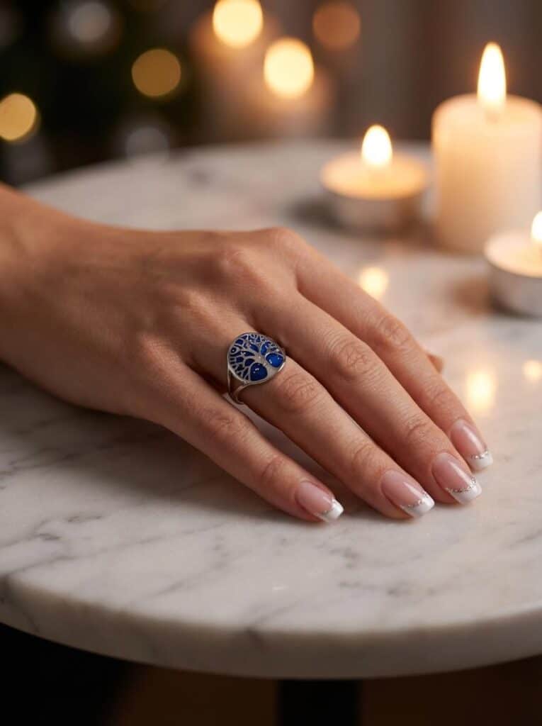 bague Arbre de Lumière bleue pailletée Racine Céleste finition argentée portée au doigt