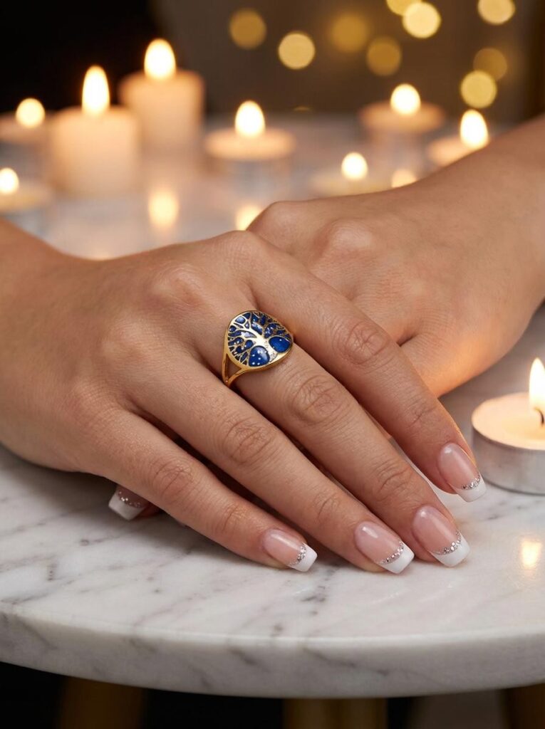 Bague Arbre de Lumière bleue pailletée Racine Céleste finition dorée portée au doigt