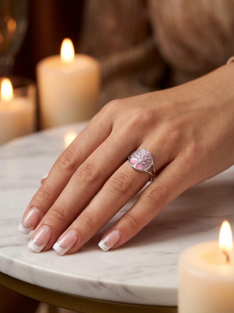 Bague Arbre de Lumière rose pailletée Floraison de Vie finition argentée portée au doigt