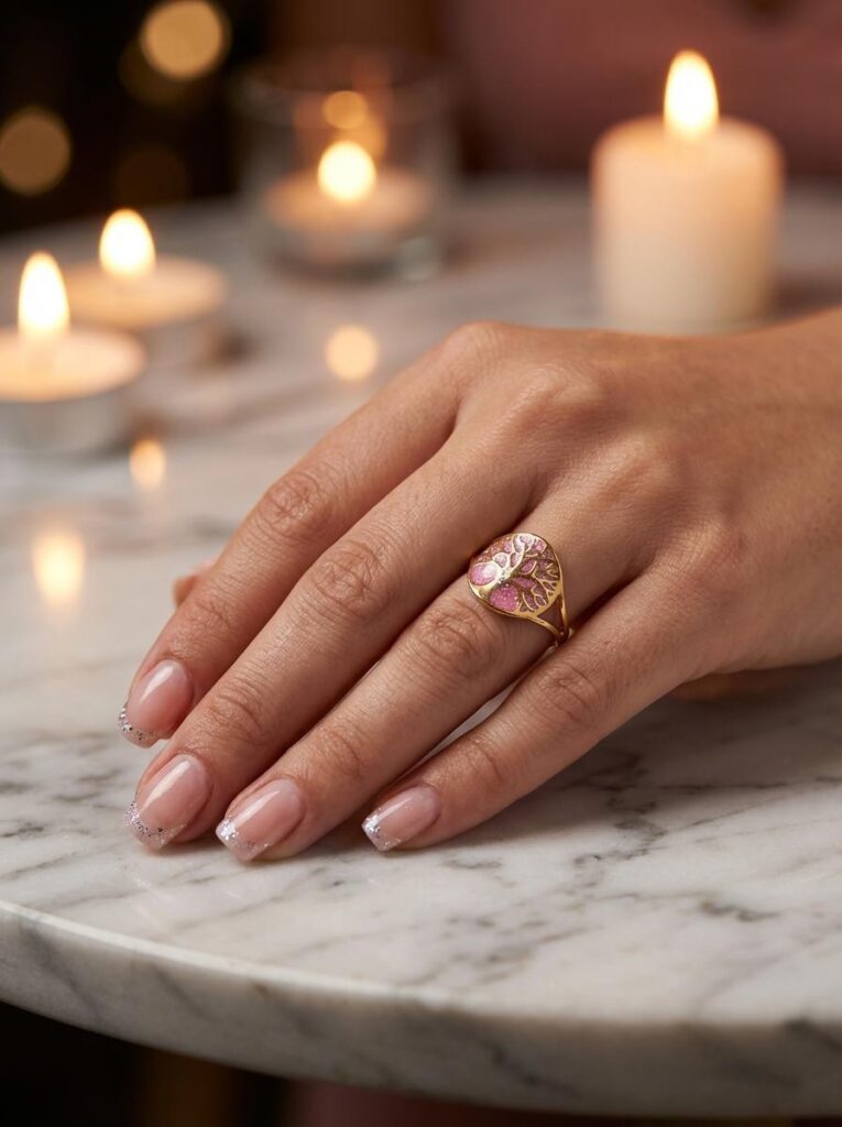 Bague Arbre de Lumière rose pailletée Floraison de Vie finition dorée portée au doigt