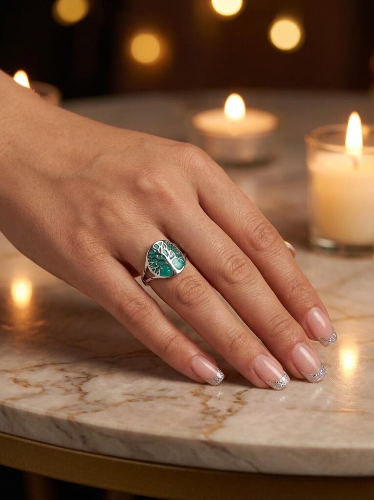 Bague Arbre de Lumière verte pailletée Sève de Vie finition argentée portée au doigt