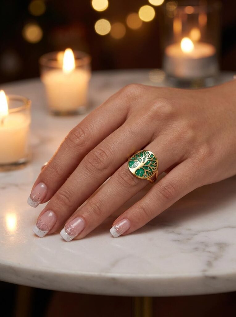 Bague Arbre de Lumière verte pailletée Sève de Vie finition dorée portée au doigt