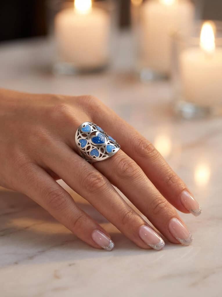 Bague Cœur en Lumière bleue pailletée Cœur Rayonnant finition argentée portée au doigt