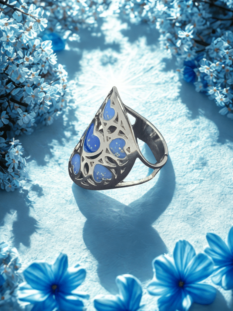 Bague Cœur en Lumière bleue pailletée Cœur Rayonnant finition argentée posée sur table