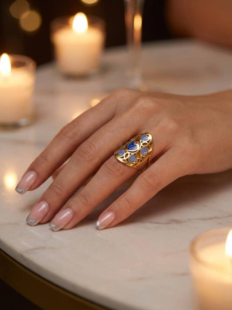 Bague Cœur en Lumière bleue pailletée Cœur Rayonnant finition dorée portée au doigt