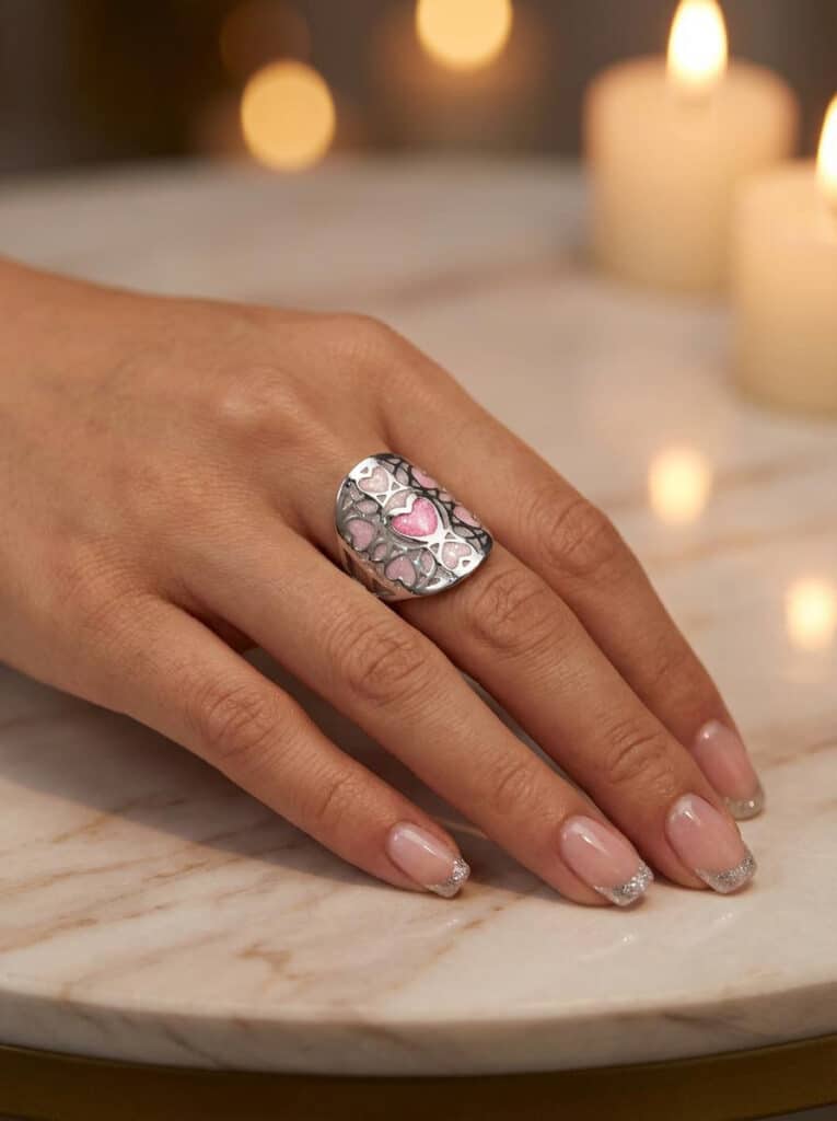 Bague Cœur en Lumière rose pailletée Cœur Enchanteur finition argentée portée au doigt