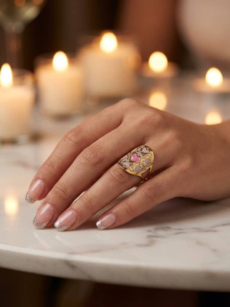 Bague Cœur en Lumière rose pailletée Cœur Enchanteur finition dorée portée au doigt