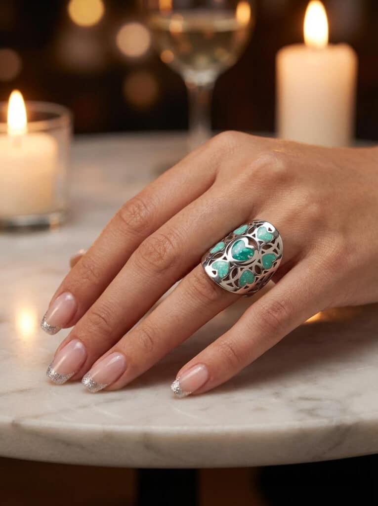 Bague Cœur en Lumière verte pailletée Cœur Florissant finition argentée portée au doigt