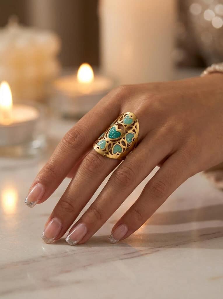 Bague Cœur en Lumière verte pailletée Cœur Florissant finition dorée portée au doigt